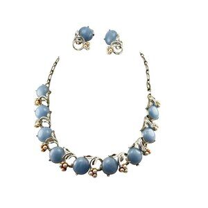 Vintage Blue Moonglow Bead & Faux Pearl Necklace Earrings Set Silver Tone Floral